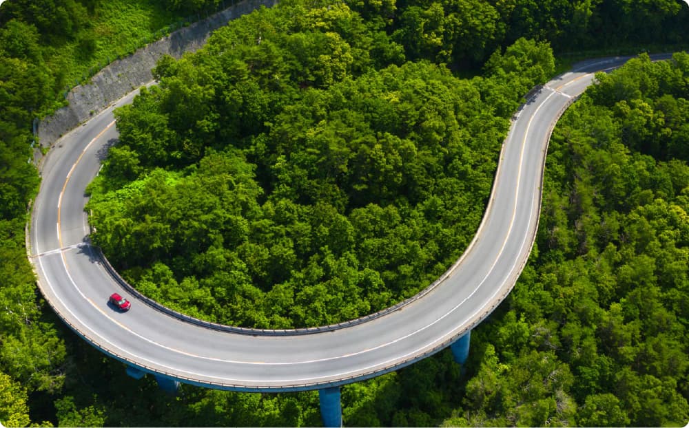 自然の中に設けられた曲線のループ橋のイメージ。